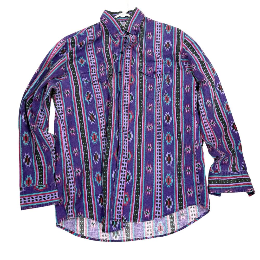 Vintage Karman Mens Button Up Shirt Purple Multicolor Aztec Western Sz XL?? READ